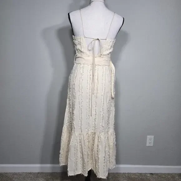Moon River Cream Fringe Midi Dress XS Belted Button Front Coquette Bridal Resort - Picture 5 of 12